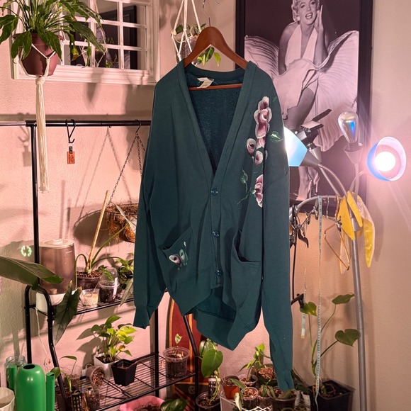 Vintage Jerzees Floral Embroidered Cardigan Green Button Up Cozy Cottagecore - Picture 2 of 11
